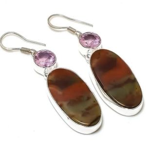 Dragon Blood Jasper, Kunzite Gemstone 925 Sterling Silver Handmade Earrings